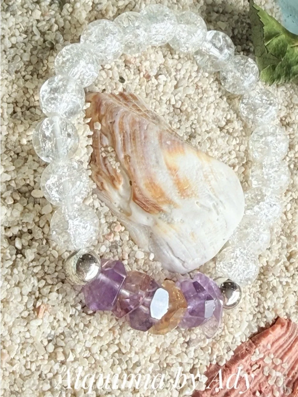 Clear Crackle quartz- AMETRINE Bead Bracelet with Purple Amethyst Accents
